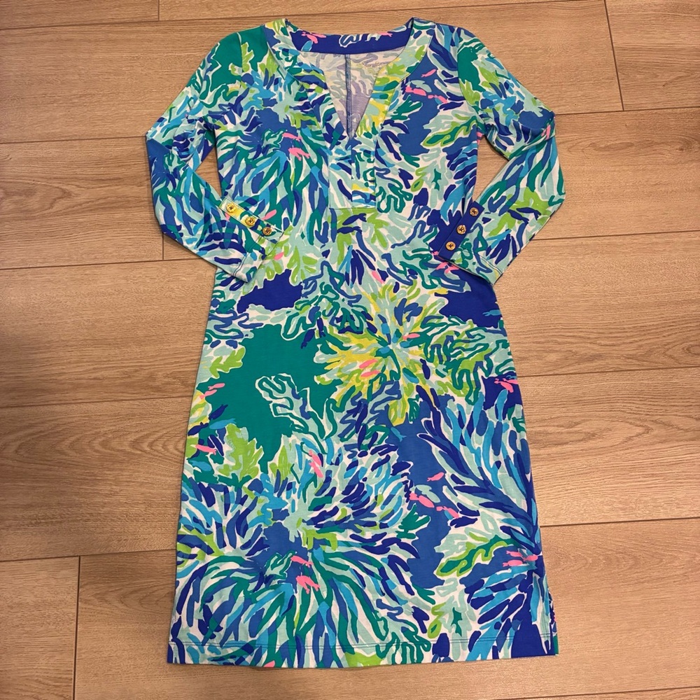 Lilly Pulitzer Riva Dress Blue Green Sea Shift Dress Pima Cotton Size XXS